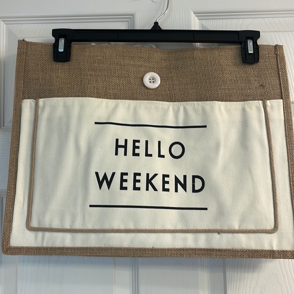 Burlap tote bag with a front pocket